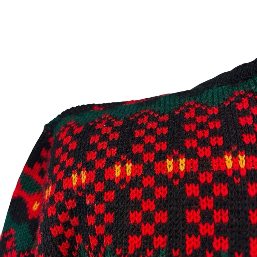 Vintage 80s Dog Fair Isle Cardigan Navy Red Gold Buttons Novelty Knit L - Picture 12 of 14